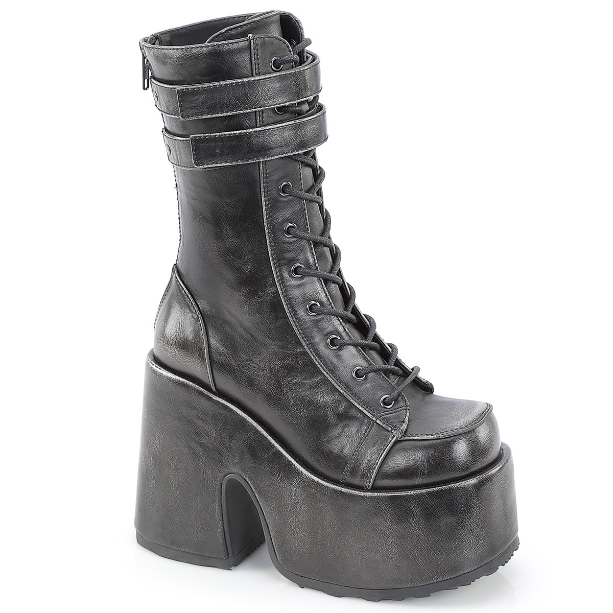 DEMONIA CAMEL-250 - Black-Silver Rub-Off Vegan Leather Boots