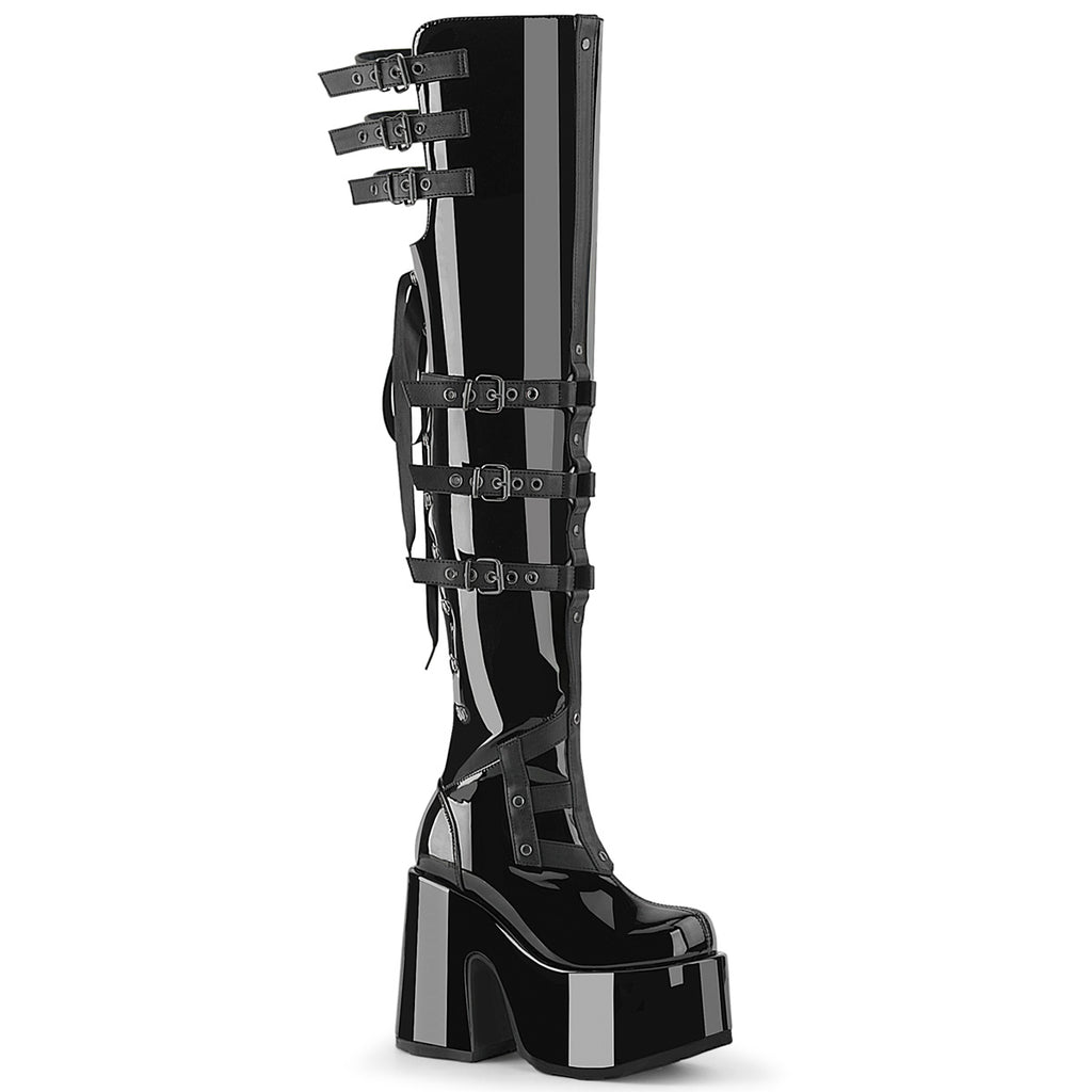 DEMONIA CAMEL-308 - Black Patent Boots