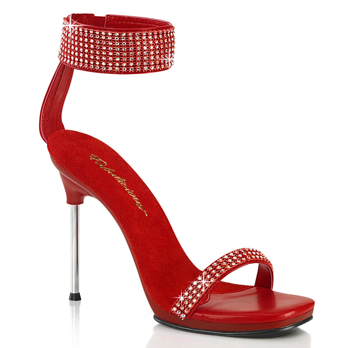 CHIC-40 - Red Faux Leather-Rhinestone Heels