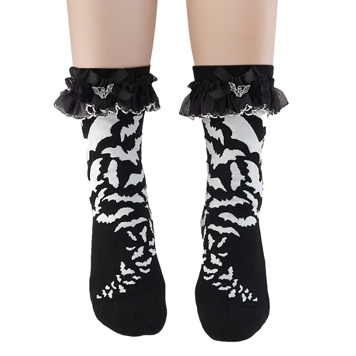 DEMONIA DH-01 - Black White Bat Charm Ruffle Socks