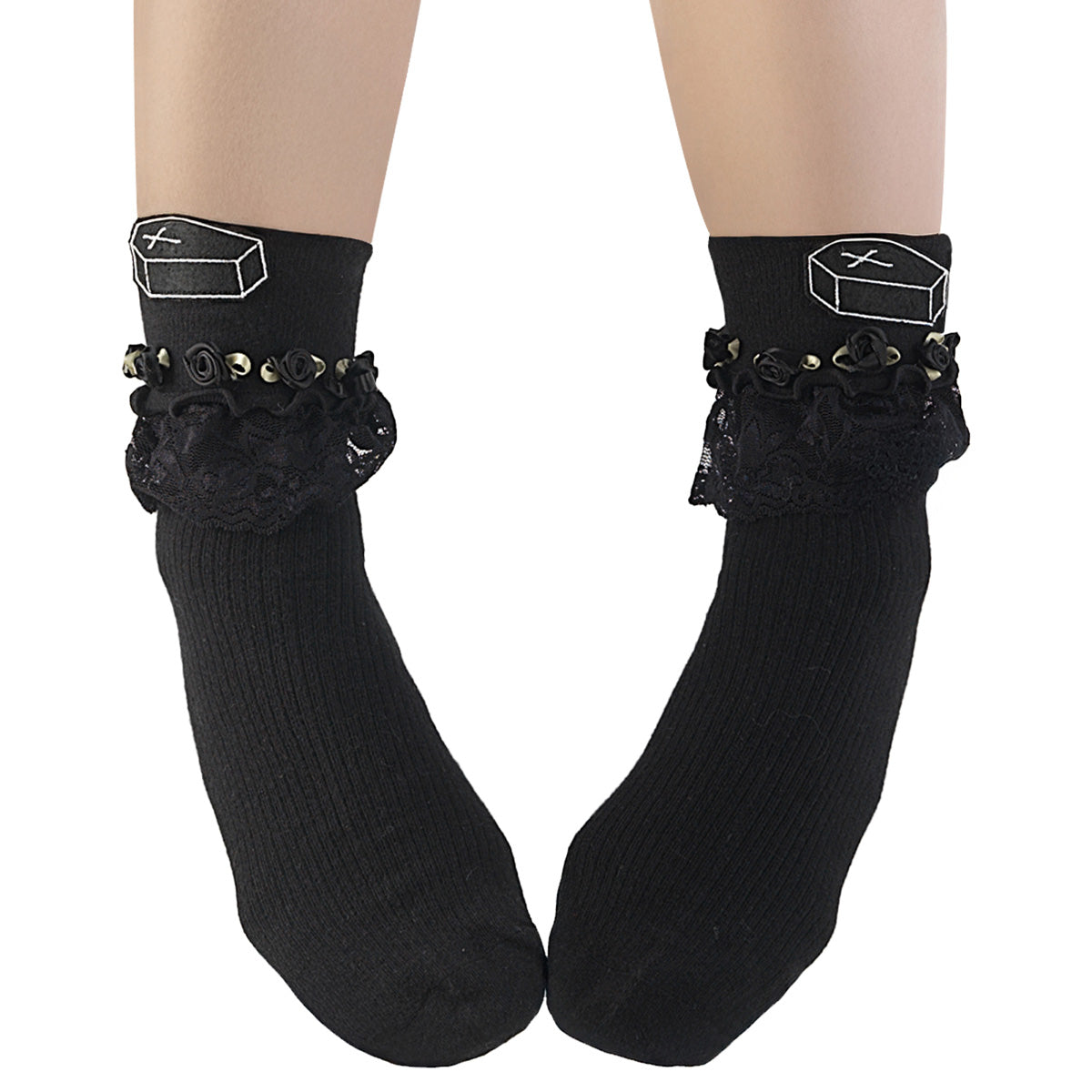 DEMONIA DH-101 - Black Coffin Ruffle Roses Flowers Goth Socks
