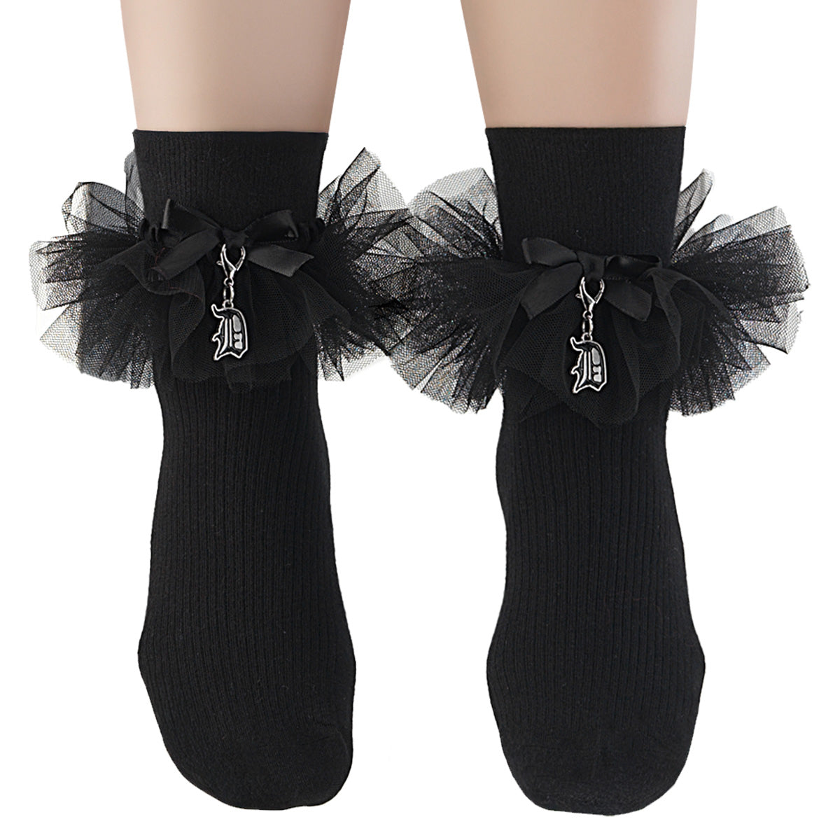 DEMONIA DH-102 - Black Ruffle Bow Charm Goth Socks