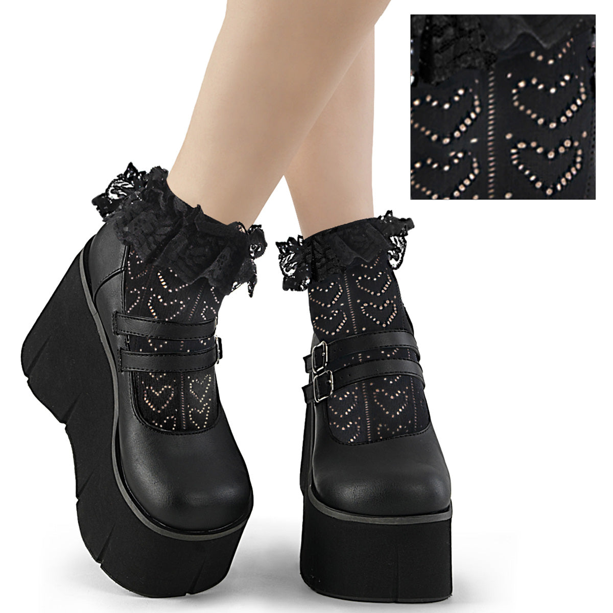 DEMONIA DH-15 - Black Heart Net Ankle Ruffle Socks