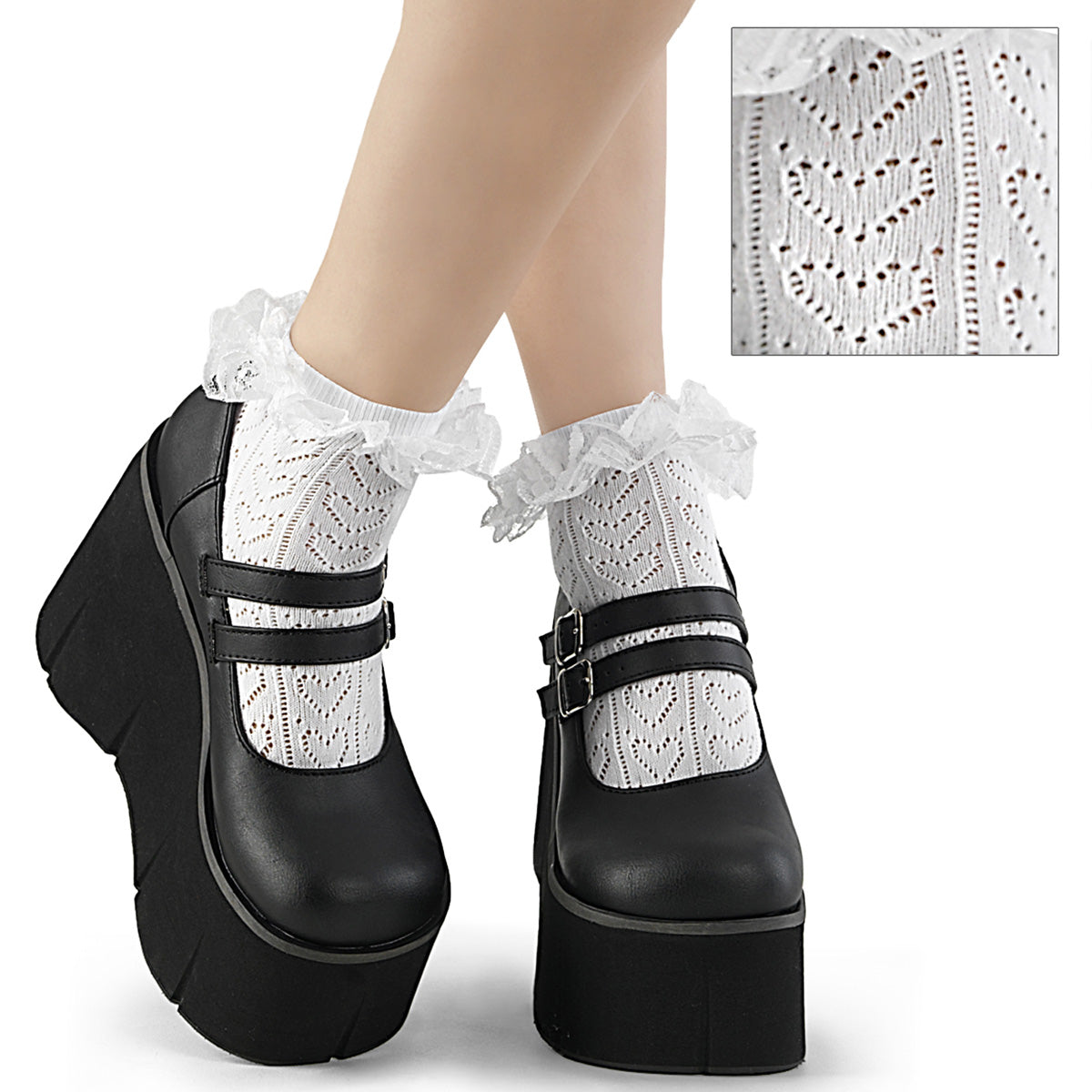 DEMONIA DH-15 - White Heart Net Ankle Ruffle Socks