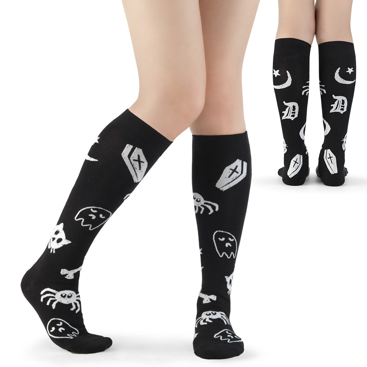 DEMONIA DH-201 - Black-White Coffin Ghost Spider Moon Goth Knee Socks
