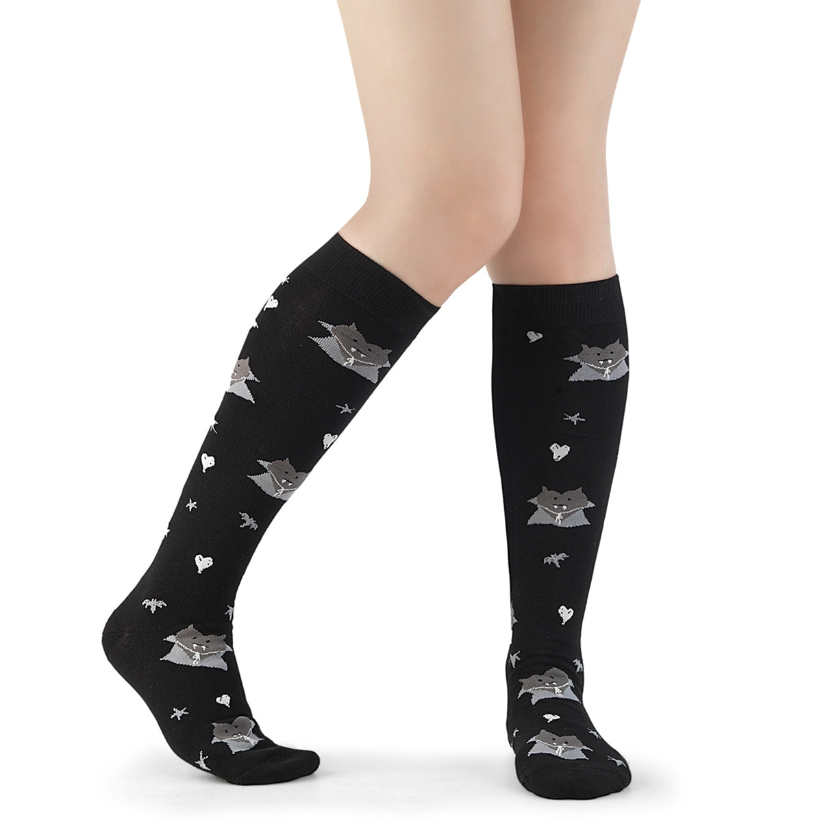 DEMONIA DH-202 - Black-Grey Heart Bat Goth Knee Socks