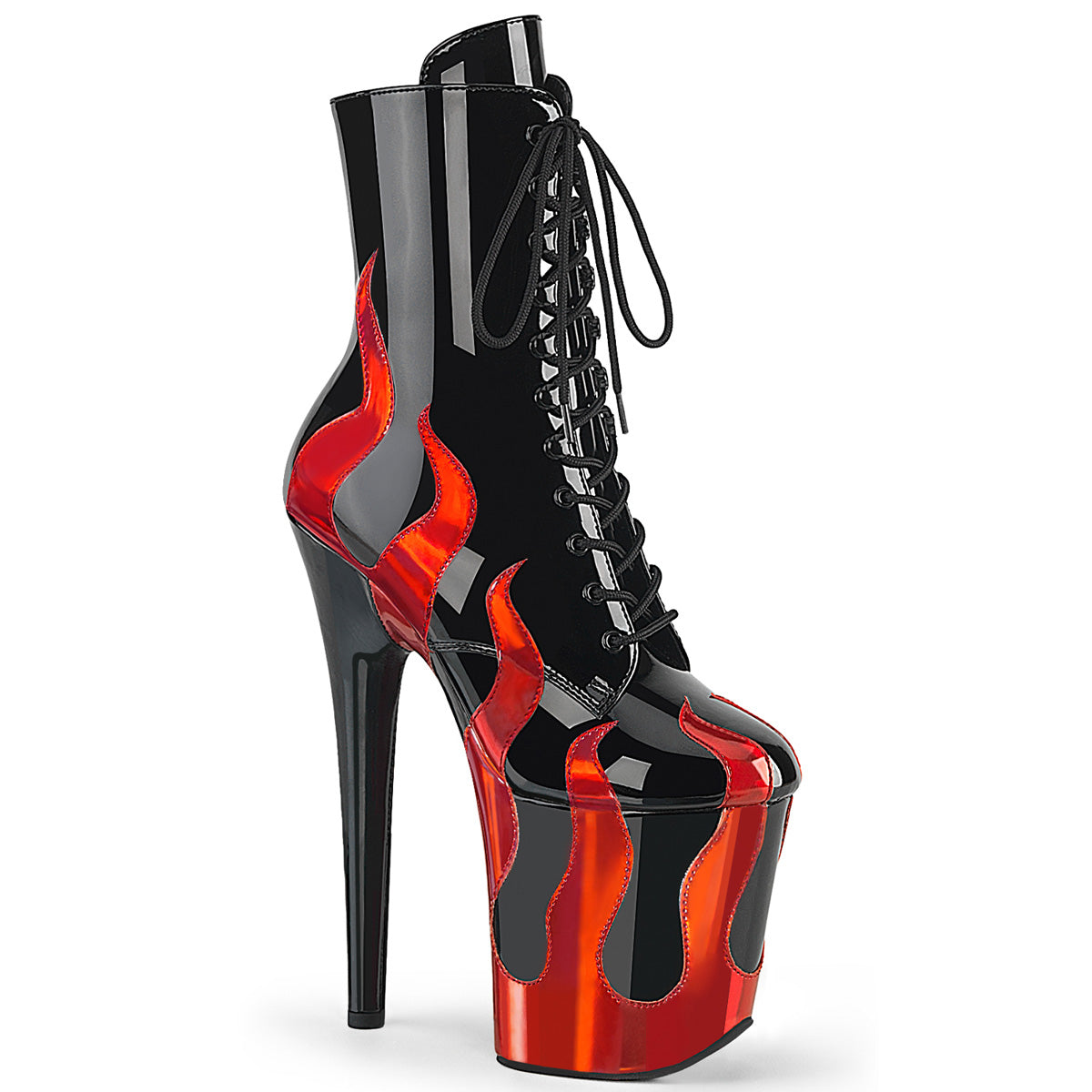 PLEASER FLAMINGO-1020FLM - Black Patent-Red Metallic PU Flame Boots - A Shoe Addiction Australia