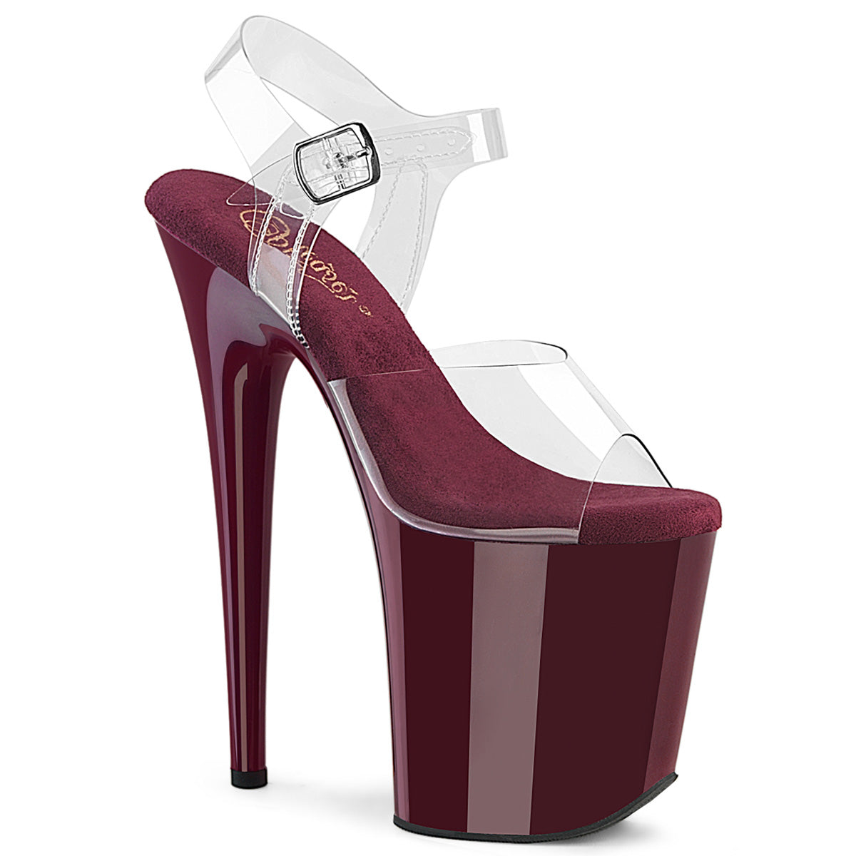 PLEASER FLAMINGO-808 - Clear/Burgundy Heels - A Shoe Addiction Australia