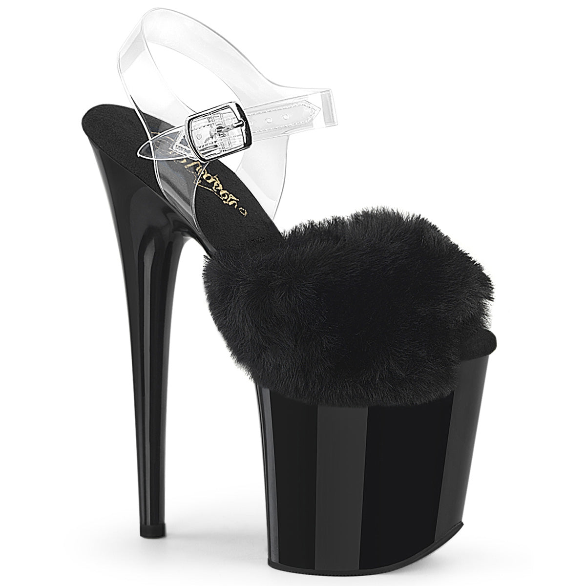 PLEASER FLAMINGO-808FUR - Black Faux Fur-Clr TPU/Black Heels - A Shoe Addiction Australia