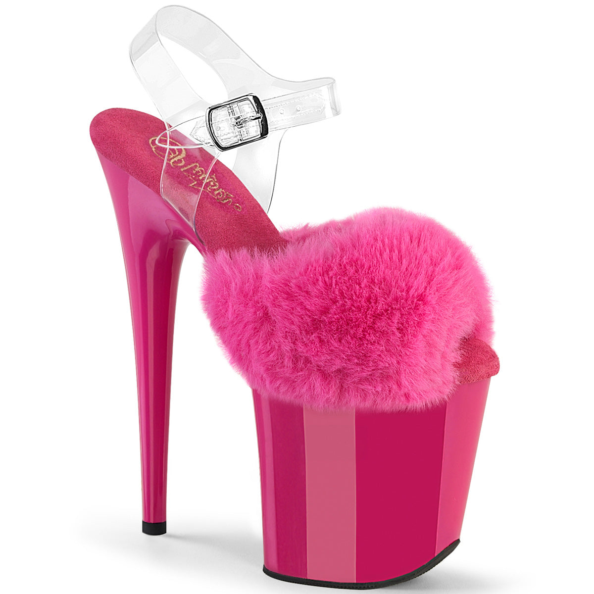 PLEASER FLAMINGO-808FUR - Fuchsia Faux Fur-Clear TPU/Fuchsia Heels - A Shoe Addiction Australia