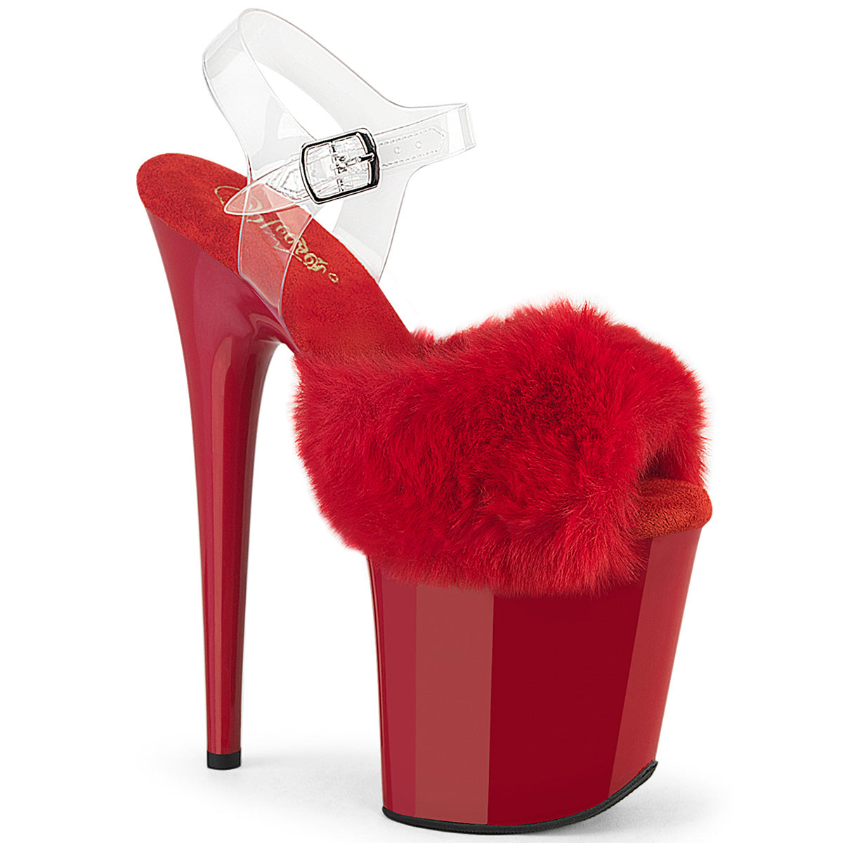 PLEASER FLAMINGO-808FUR - Red Faux Fur-Clear TPU/Red Heels - A Shoe Addiction Australia