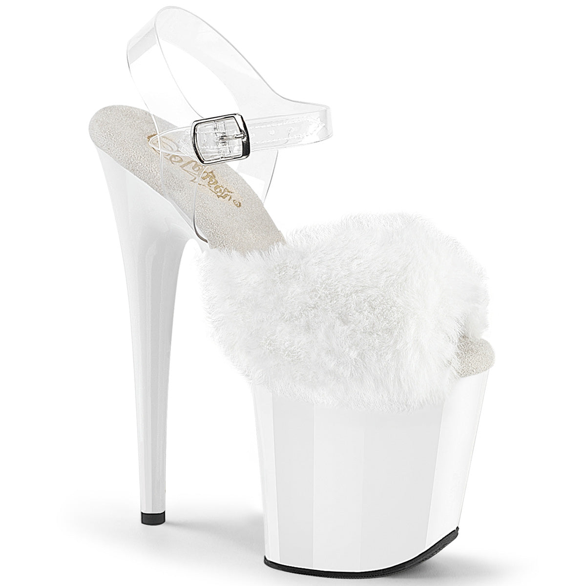 PLEASER FLAMINGO-808FUR - White Faux Fur-Clear TPU/White Heels - A Shoe Addiction Australia