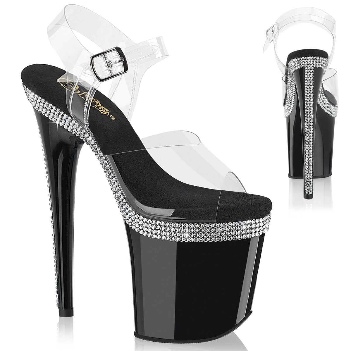 PLEASER FLAMINGO-808MLS - Clear/Black Rhinestone Heels - A Shoe Addiction Australia