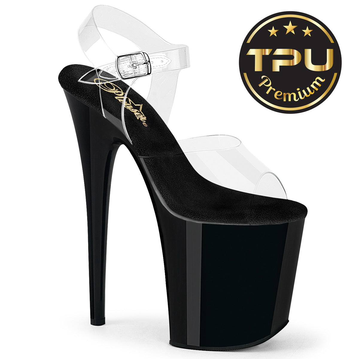 Pleaser FLAMINGO-808PREM - Clear TPU/Black Heels - A Shoe Addiction Australia