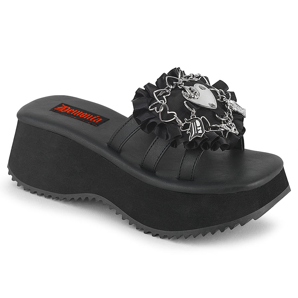 DEMONIA FLIP-16 - Black Vegan Leather-Satin Sandals
