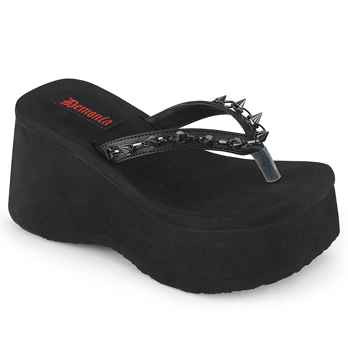 DEMONIA FUNN-35 - Black Vegan Leather Goth Platform Thongs Sandals