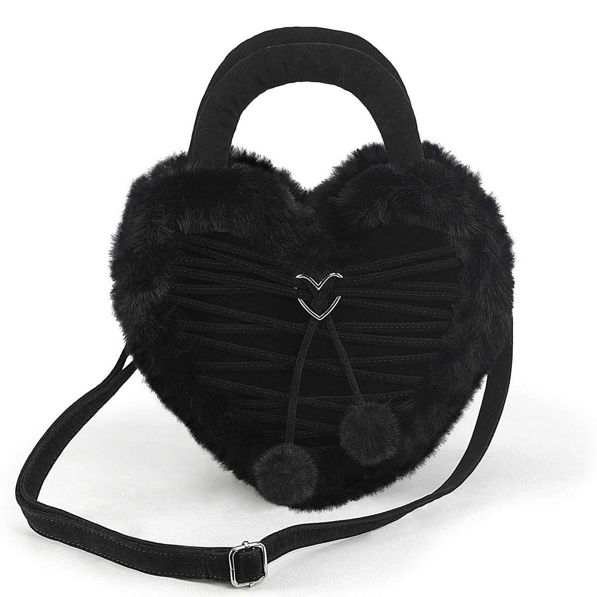 DEMONIA HB-631 - Black Faux Suede-Faux Fur Goth Heart Hand Bag