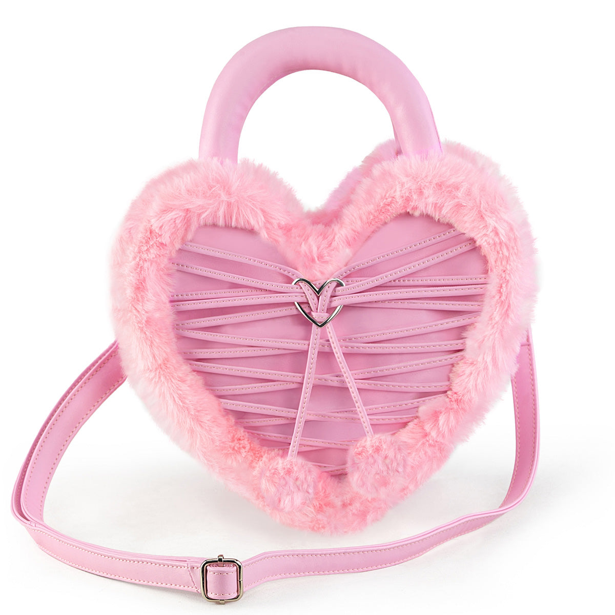 DEMONIA HB-631 - Baby Pink Vegan Leather-Faux Fur Heart Hand Bag
