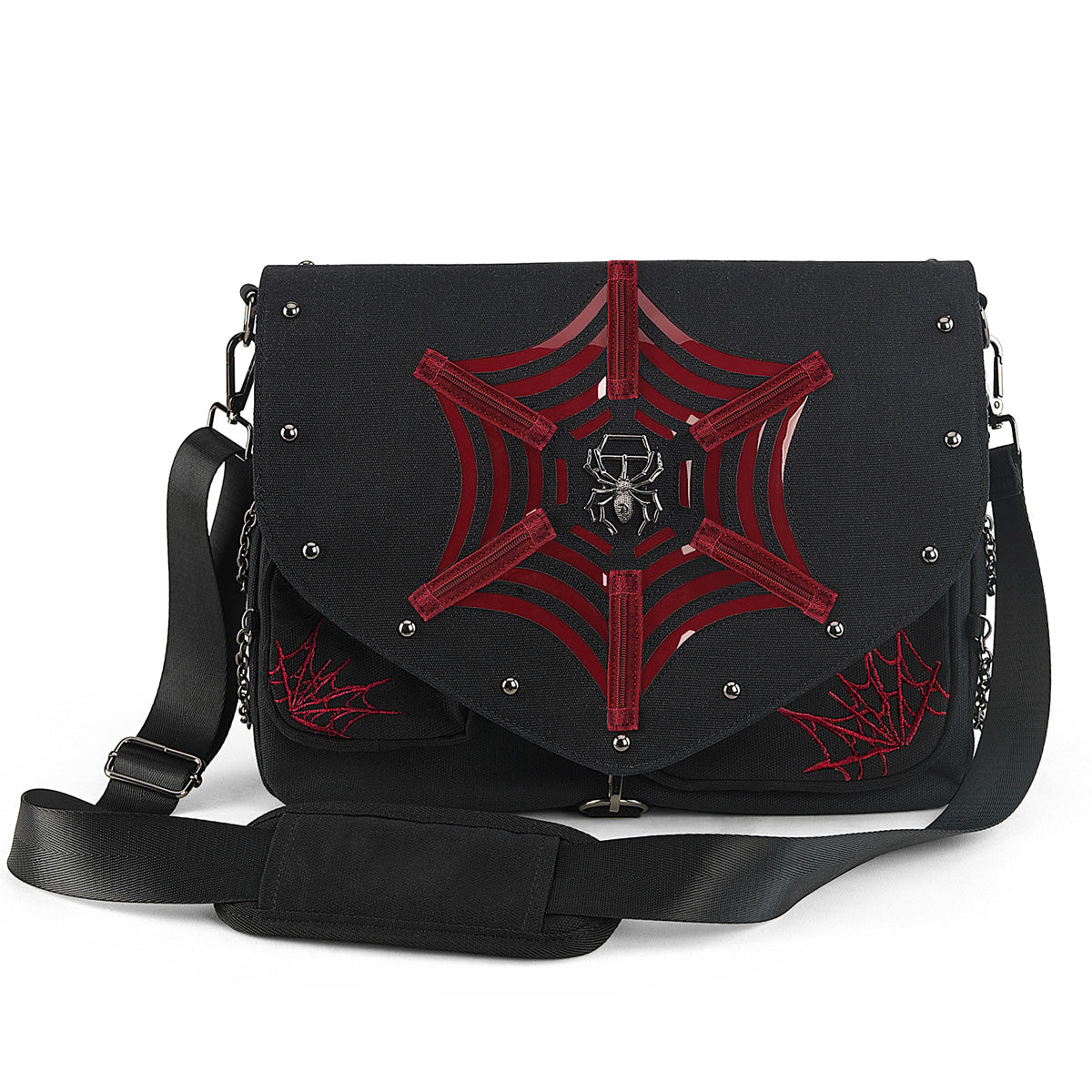 DEMONIA HB-662 - Black Canvas Spider Web Goth Shoulder Bag