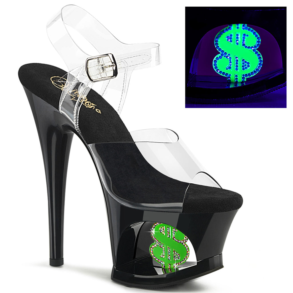 MOON-708USD - Clear/Black-Neon Green Money Heels