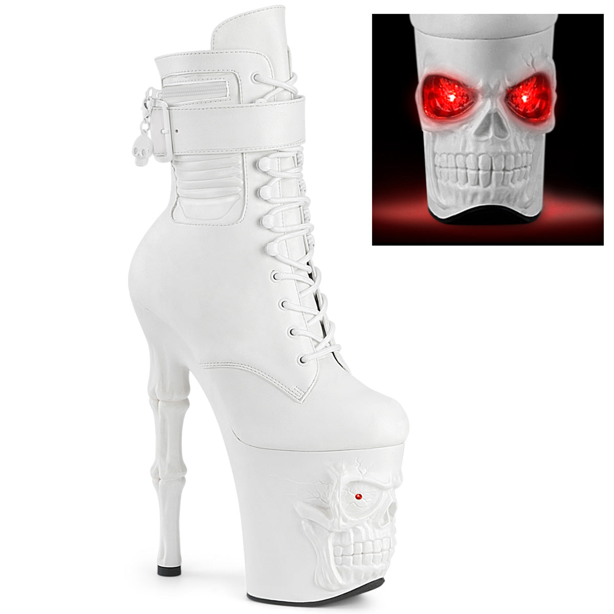 PLEASER RAPTURE-1020STR-LT - White Faux Leather/White Matte Skull Boots - A Shoe Addiction Australia