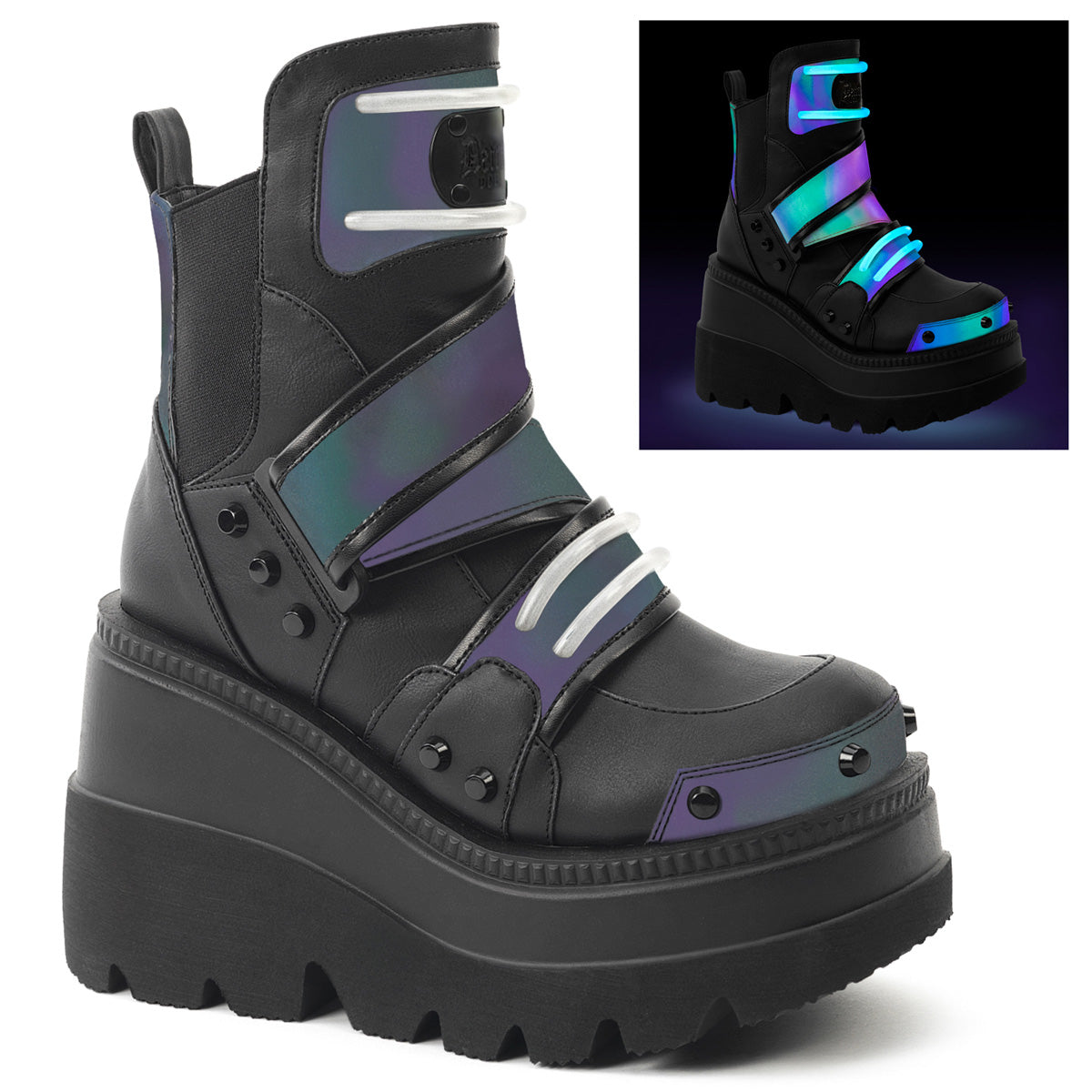 DEMONIA SHAKER-58 - Green Multi Reflective-Black Vegan Leather Boots