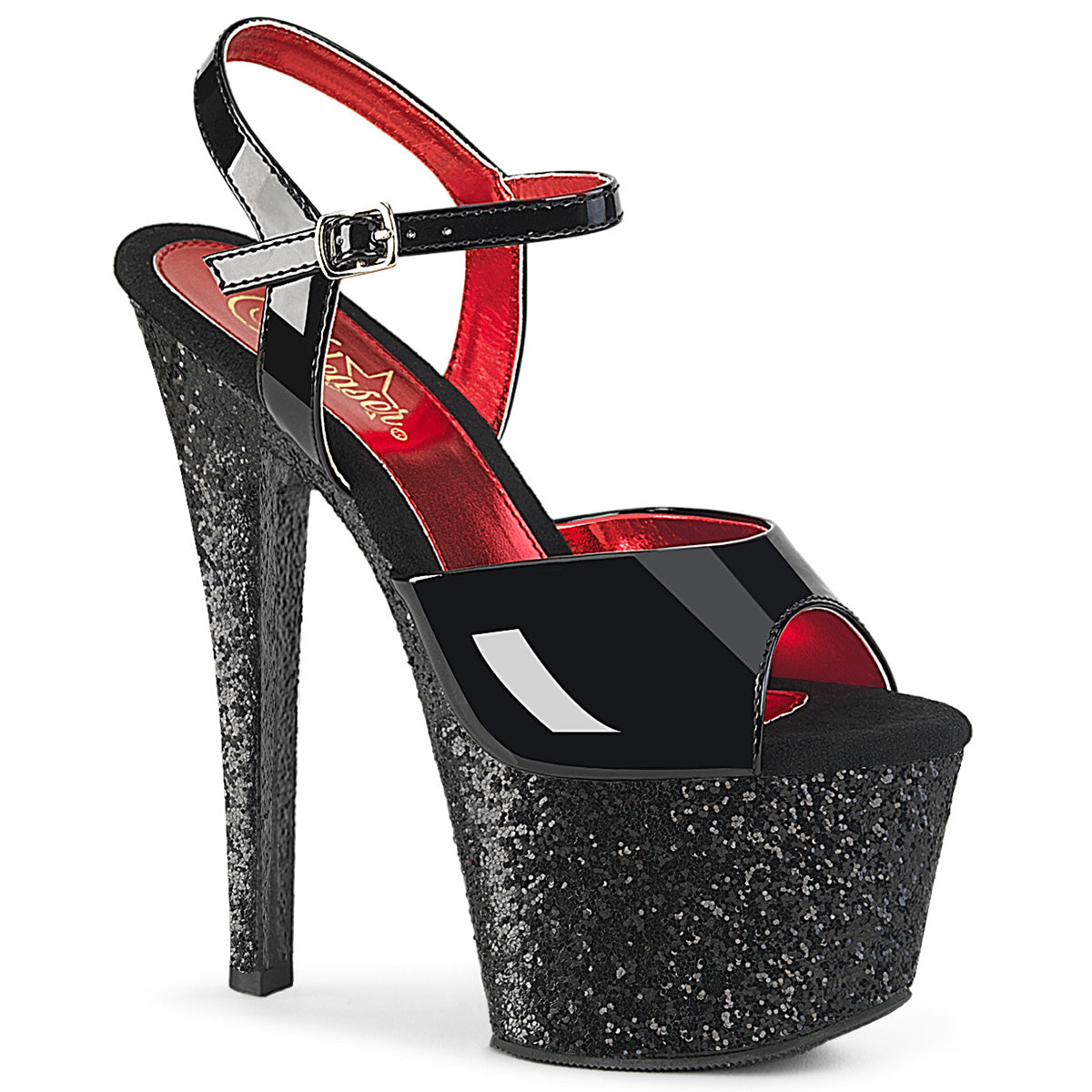 PLEASER SKY-309 - Black Patent/Black Glitter Heels