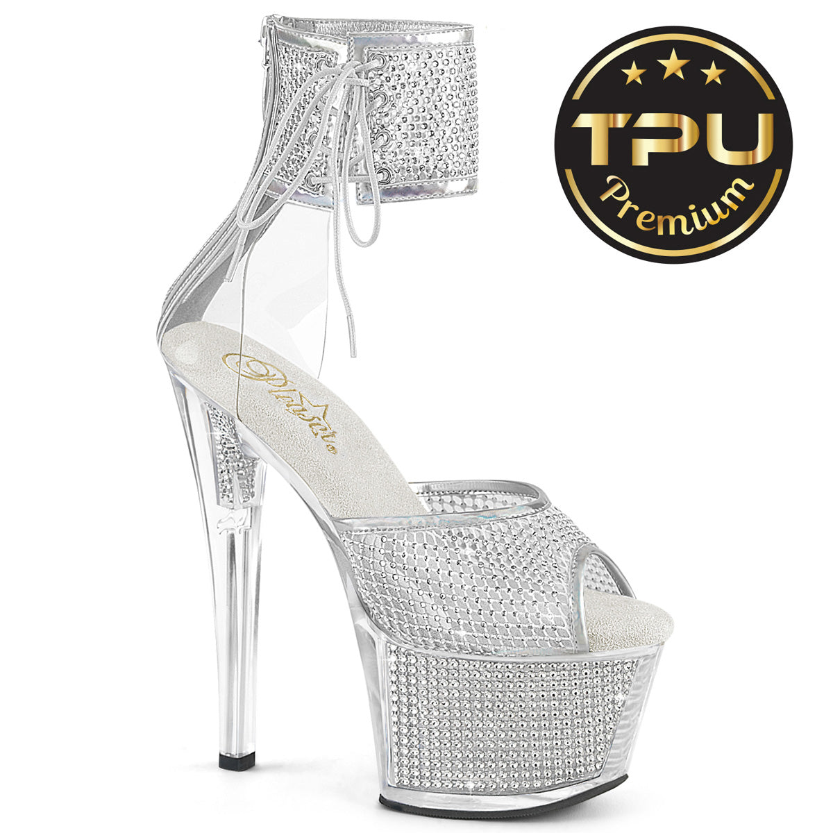 PLEASER SKY-324PREM-RSNT - Clear TPU - Silver Rhinestone Heels