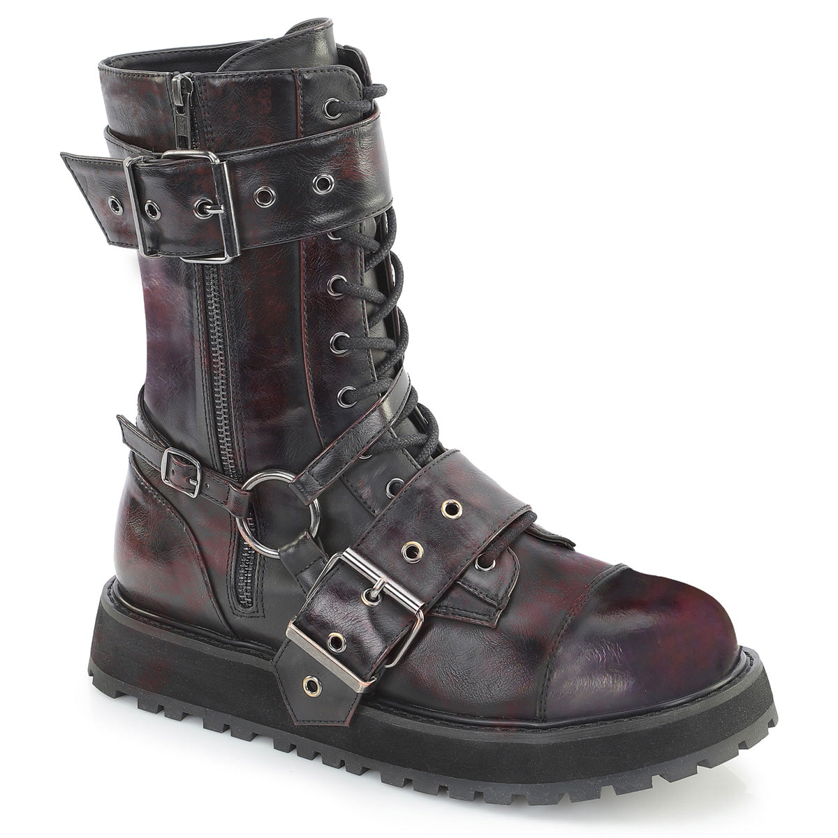 DEMONIA VALOR-220 - Black-Burgundy Rub-Off Unisex Vegan Leather Boots