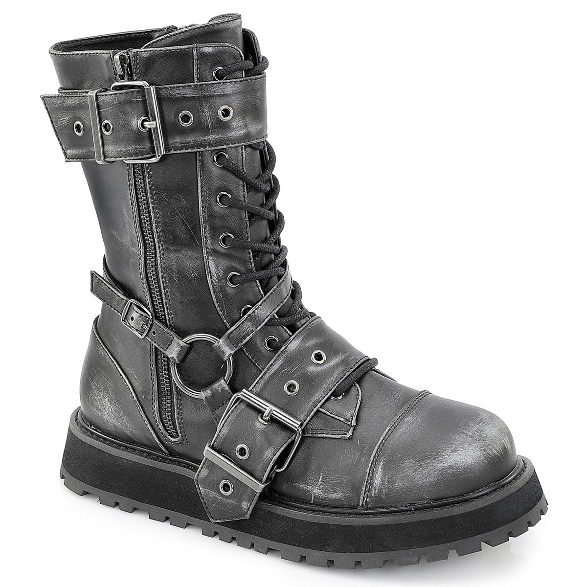 DEMONIA VALOR-220 - Black-Silver Rub-Off Unisex Vegan Leather Boots