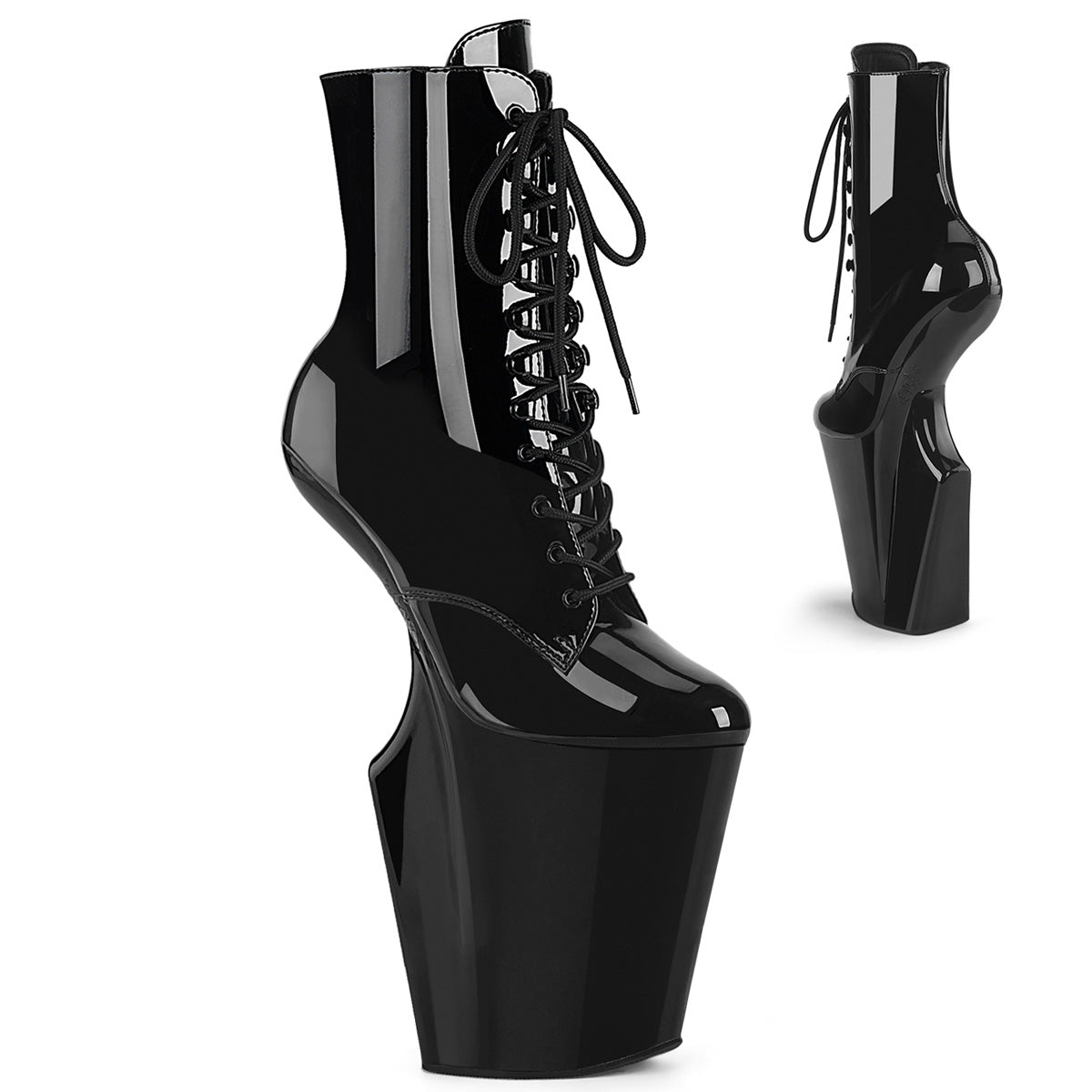 PLEASER WORSHIP-1020 - Black Patent/Black Heelless Boots - A Shoe Addiction Australia