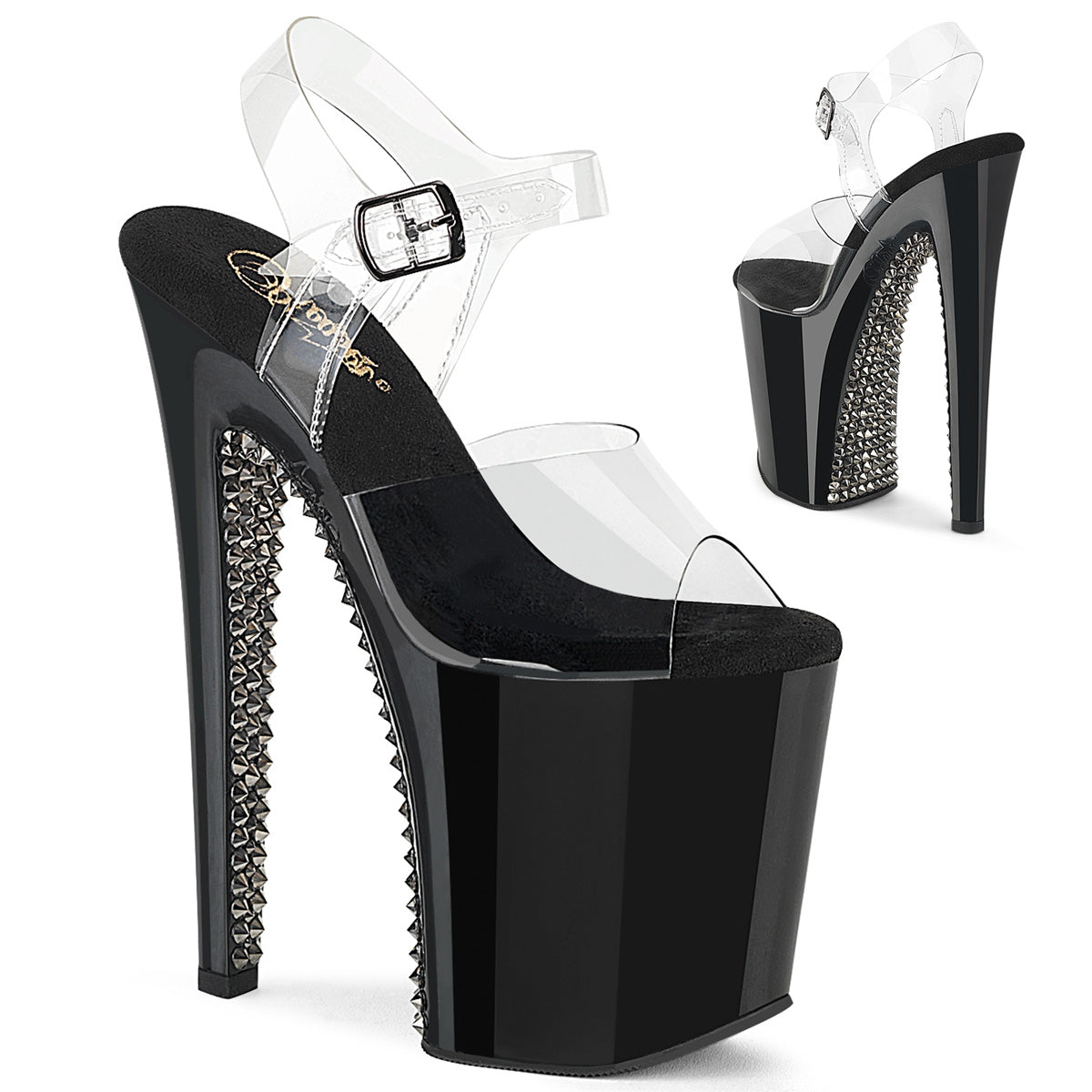 PLEASER XTREME-808SPRS - Clear/Black-Pewter Rhinestone Heels - A Shoe Addiction Australia