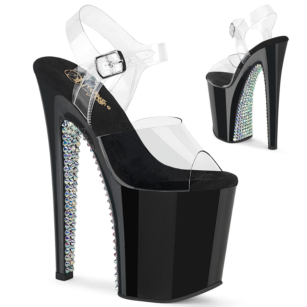 PLEASER XTREME-808SPRS - Clear/Black-Silver Multi Rhinestone Heels - A Shoe Addiction Australia