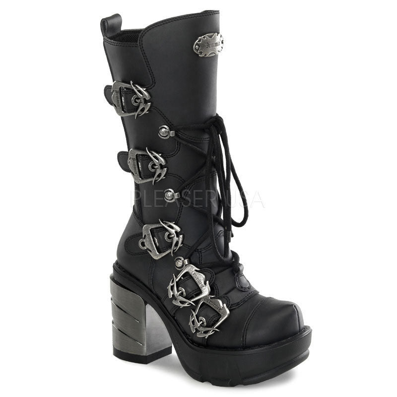 DEMONIA Sinister-203 Women's Goth Steampunk Cyber ABS Chrome Industrial Boots - A Shoe Addiction