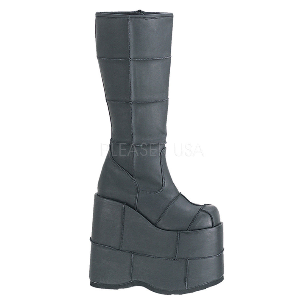 DEMONIA Stack-301 Men's Unisex Goth Punk Cyber Patching 7" Platform Knee Boots - A Shoe Addiction