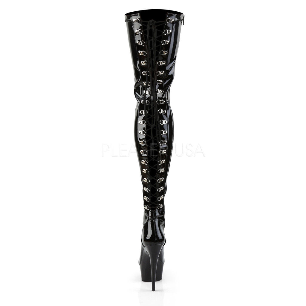 PLEASER Delight-3063 Black Red White Lace Up Back Side Zip 6" Thigh High Boots - A Shoe Addiction