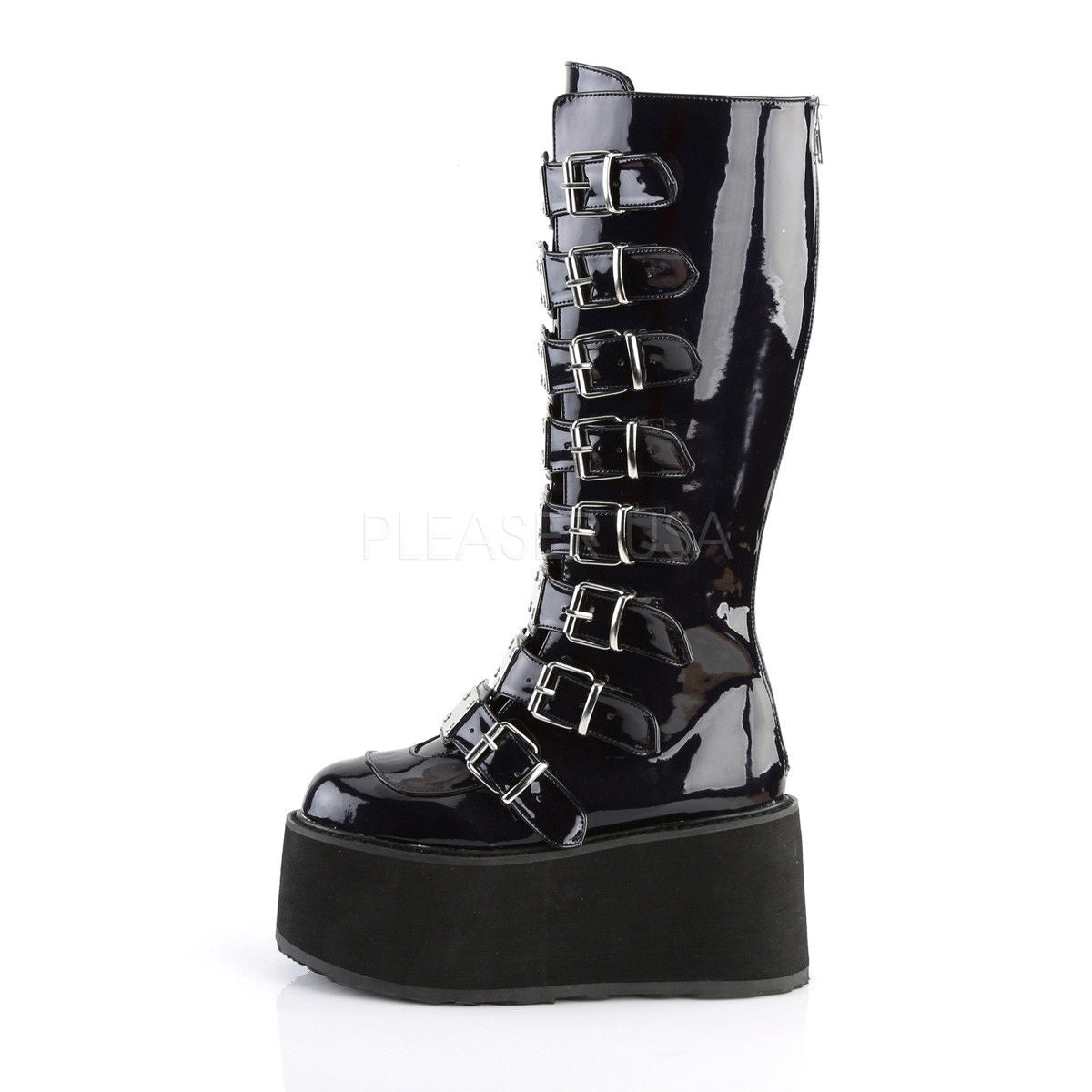 DEMONIA Damned-318 Hologram White Velvet Vegan Leather Goth Spike Buckles Boots - A Shoe Addiction