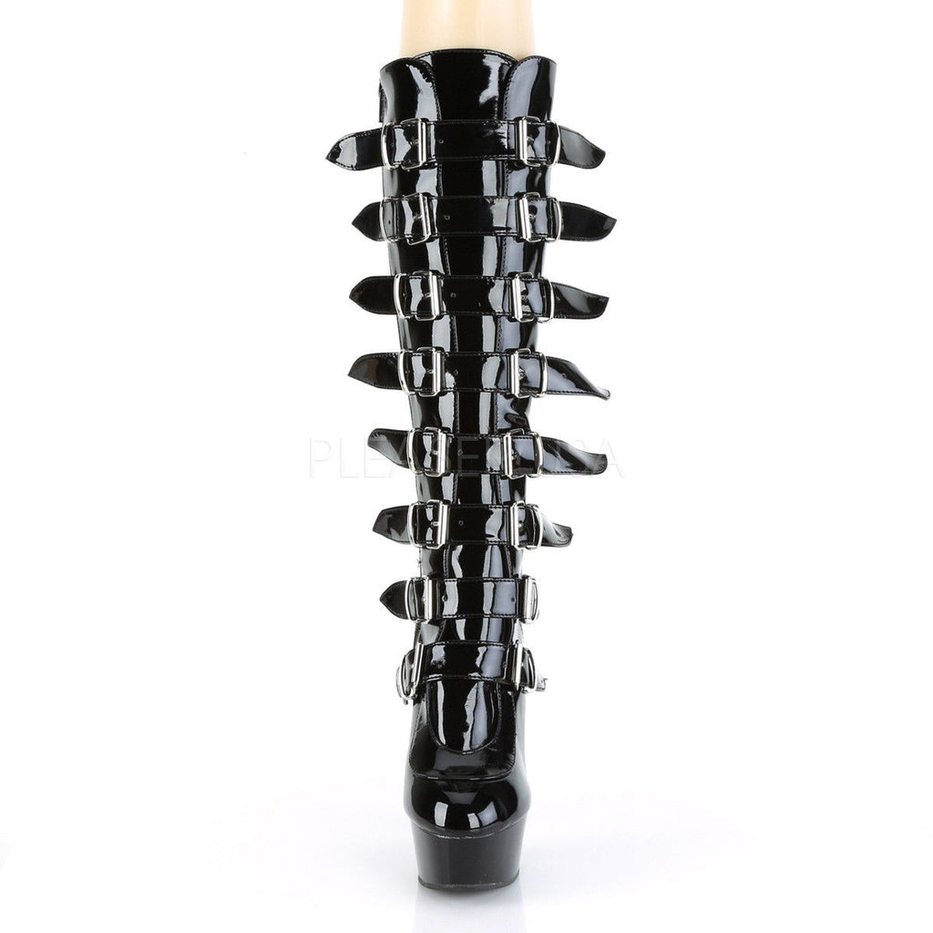 PLEASER Delight-2049 Black Patent Sexy Goth Multi Buckles 6" Stiletto Knee Boots - A Shoe Addiction