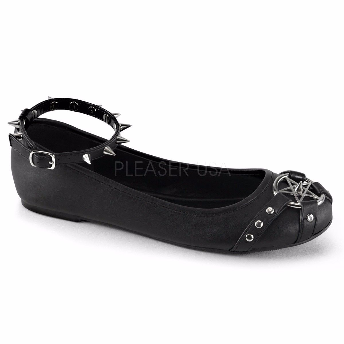 DEMONIA Star-23 Gothic Occult Pentagram Star Spiked Witch Strap Ballet Flats - A Shoe Addiction