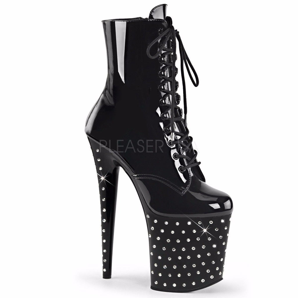 PLEASER Stardust-1020-7 Black Rhinestones Platform Lace Up Ankle Boots 7" Heels - A Shoe Addiction