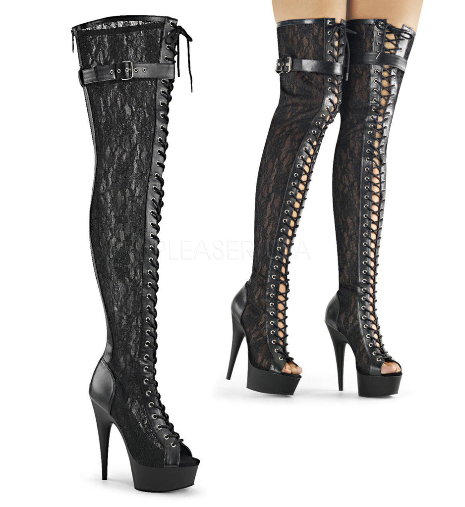 PLEASER Delight-3025ML Sexy Goth Black Lace Appliqued Mesh 6" Thigh High Boots - A Shoe Addiction