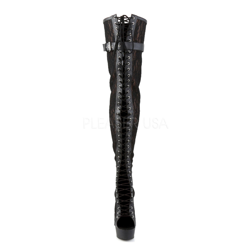 PLEASER Delight-3025ML Sexy Goth Black Lace Appliqued Mesh 6" Thigh High Boots - A Shoe Addiction