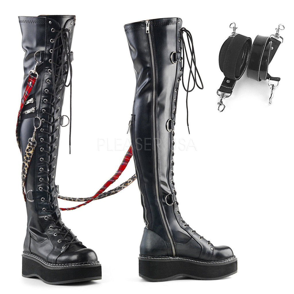 DEMONIA Emily-377 Interchangeable Straps Wedge Platform Goth Bondage Thigh Boots - A Shoe Addiction