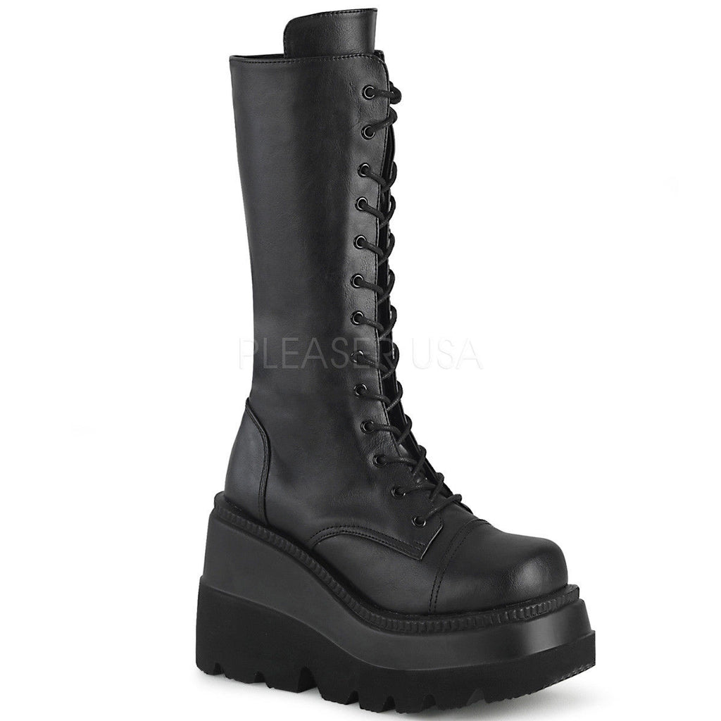 DEMONIA Shaker-72 Black Vegan Leather Goth Platforms Wedges Mid Calf Knee Boots - A Shoe Addiction