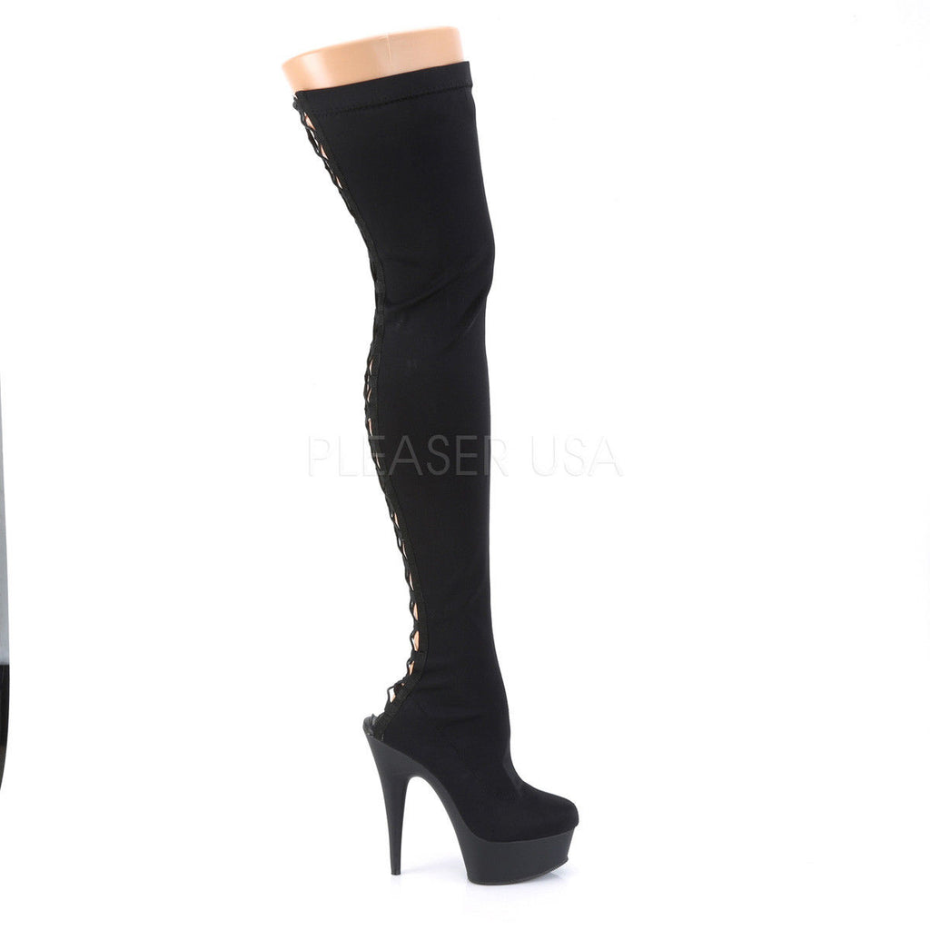 PLEASER Delight-3003 Black Lycra Exotic Stripper Dancer Back Lace Up Thigh Boots - A Shoe Addiction
