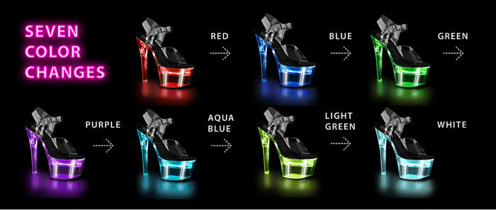 PLEASER Flashdance-708 Clear Black Padding USB Chargeable Multi Colour Light Up Stripper Pole Heels - A Shoe Addiction