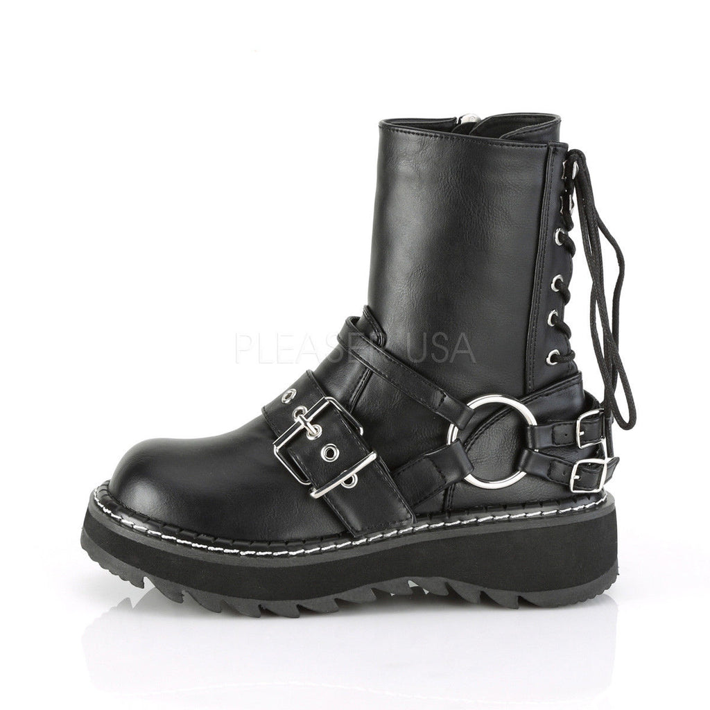 DEMONIA Lilith-210 Black Rear Lace Up Oxford White Stitching Goth Biker Boots - A Shoe Addiction