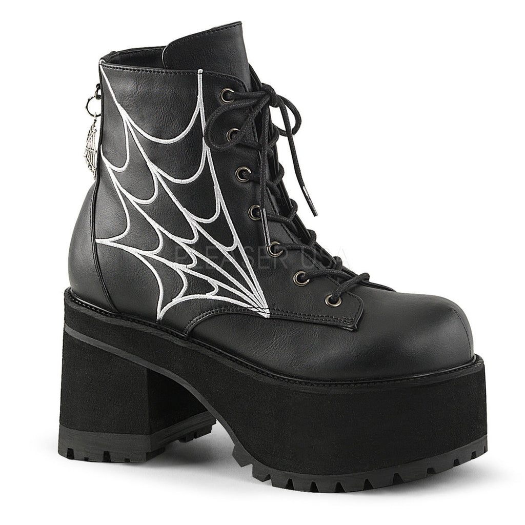 DEMONIA Ranger-105 Embroidered Spider Web Charm Goth Anke Calf Platforms Boots - A Shoe Addiction