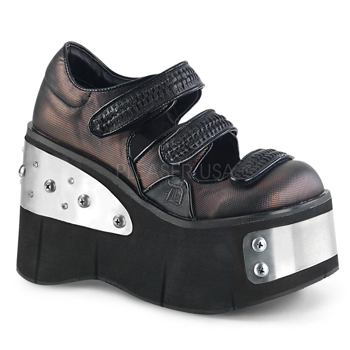 DEMONIA Kera-13 Goth Punk Metal Plate Triple Strap ckle Mary Janes Platform Heel - A Shoe Addiction