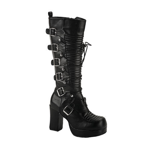DEMONIA Gothika-200 Black Vegan Goth Cyber Lolita Thick 3.75" Heels Knee Boots - A Shoe Addiction